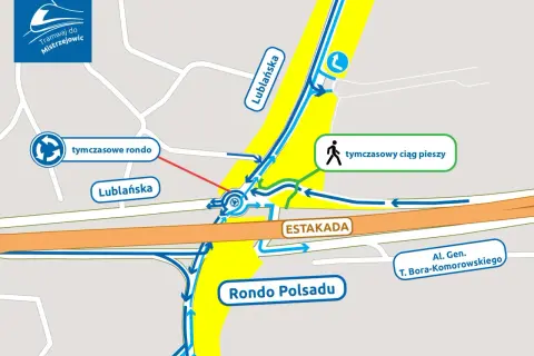 Mapa tymczasowych objazdów w Krakowie: rondo, estakada, tymczasowy ciąg pieszy. Aktualne remonty dróg w Krakowie wpływają na ruch.