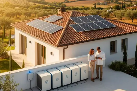 Pareja revisa tablet junto a baterías de autoconsumo en Navarra. Paneles solares y aerogenerador en tejado de casa rural.