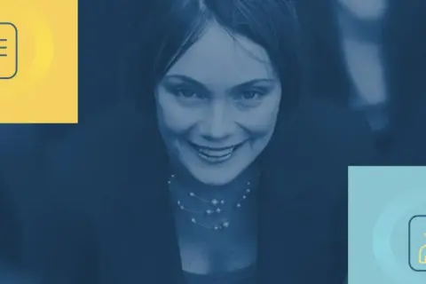 Uśmiechnięta kobieta w garniturze, obok niej ikony identyfikatora podatkowego.