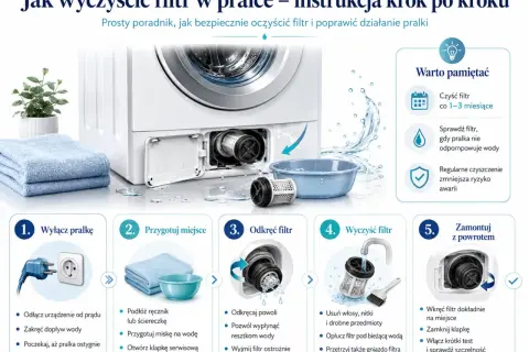 Instrukcja czyszczenia pralki: odłącz prąd, przygotuj miejsce, odkręć filtr, wyczyść go z włosów i nitek, a następnie zamontuj z powrotem.