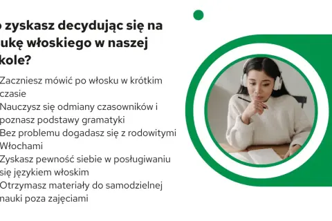 Dziewczyna w słuchawkach uczy się języka włoskiego. Zdobędziesz pewność siebie i dogadasz się z Włochami.
