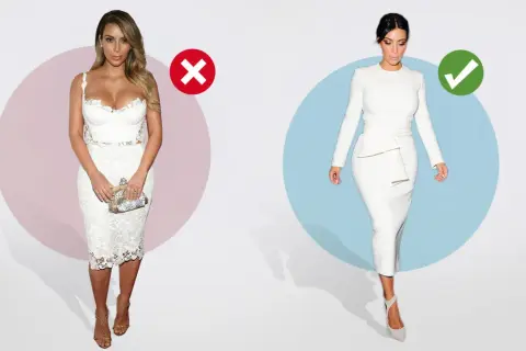 Bimbo girl w koronkowej sukience (złe) vs. elegancka kobieta w białym komplecie (dobre).