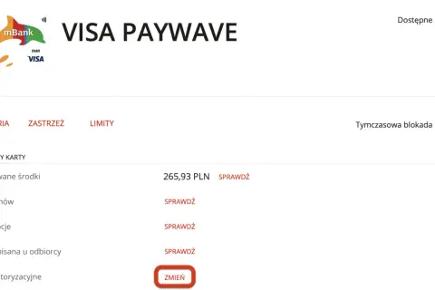Widok karty mBank Visa. Zobaczysz tu opcję "Limity autoryzacyjne" i przycisk "Zmień", który pomoże Ci jak zmienić limity mbank.