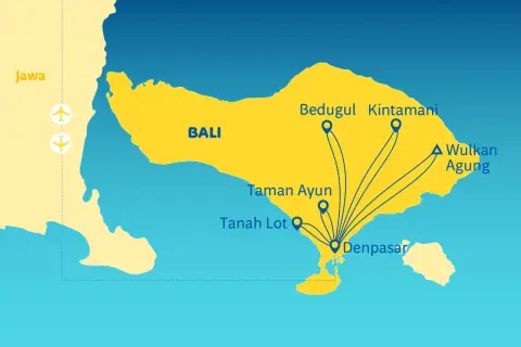 Mapa pokazuje, gdzie jest Bali, z zaznaczonymi atrakcjami: Denpasar, Tanah Lot, Taman Ayun, Bedugul, Kintamani i Wulkan Agung.
