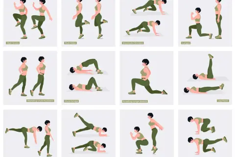 Illustrazione di esercizi per i glutei corpo libero: affondi, ponte glutei, donkey kicks e altri movimenti per tonificare.