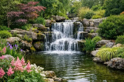 Cascade d'eau dans un parc floral à Bordeaux, entourée de rochers, de fleurs roses et violettes, et d'une végétation luxuriante.