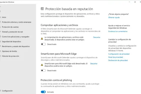 Configuración de Seguridad de Windows: SmartScreen para Microsoft Edge y comprobación de apps desactivadas.