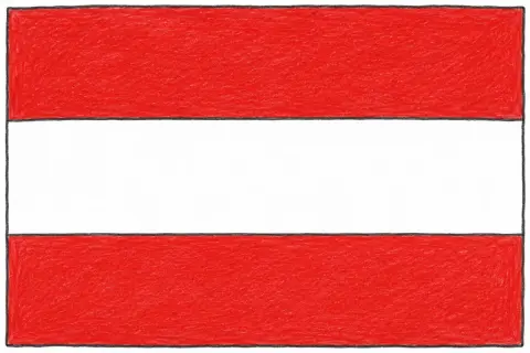 Flaga Austrii: trzy poziome pasy – czerwony, biały, czerwony.