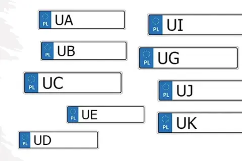 Przykładowe tablice rejestracyjne z literami UA, UB, UC, UD, UE, UI, UG, UJ, UK.