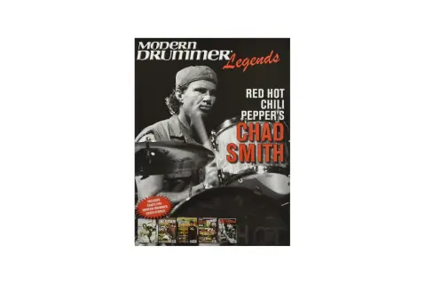 Modern Drummer Legends features Red Hot Chili Peppers' Chad Smith. The cover shows him playing drums, with smaller images of his past magazine covers.