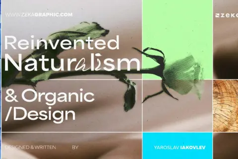 Reinvented Naturalism & Organic Design" is a visual exploration of nature's beauty, featuring blue hydrangeas, a rose, and wood grain.