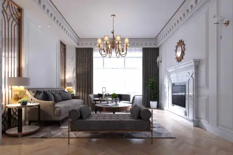 Elegancki salon w stylu tradycyjnym z marmurowym kominkiem, wygodnymi sofami i stylowym żyrandolem.