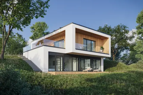 Nowoczesne domki na skarpie z przeszklonymi balkonami i tarasem, otoczone zielenią.