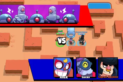 Brawl Stars: kiedy powstał ten mecz? Widzimy postacie z gry, w tym roboty i wojowników, na pustynnej mapie.