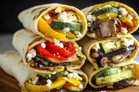 Wrapy z kolorowymi warzywami z airfryera: cukinia, papryka, bakłażan i pieczarki, posypane serem feta. Pyszne i zdrowe!