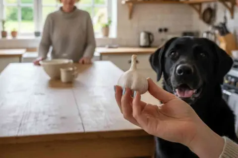 Un perro negro mira atentamente mientras le ofrecen un ajo. ¿Sabías que los perros pueden comer ajo?