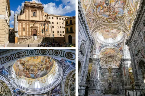 Visiter Palerme : façade d'une église baroque et son intérieur orné de fresques spectaculaires. La coupole est un chef-d'œuvre.