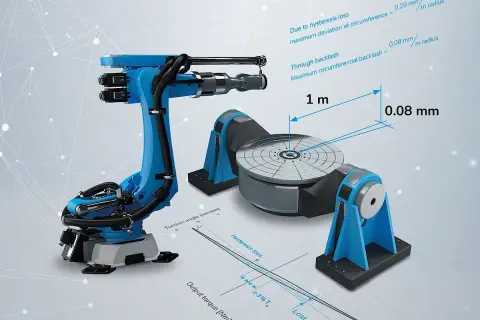 Precyzyjna przekładnia falowa w akcji. Robot przemysłowy i obrotnica z danymi technicznymi, pokazującymi minimalne luzy i straty histerezy.