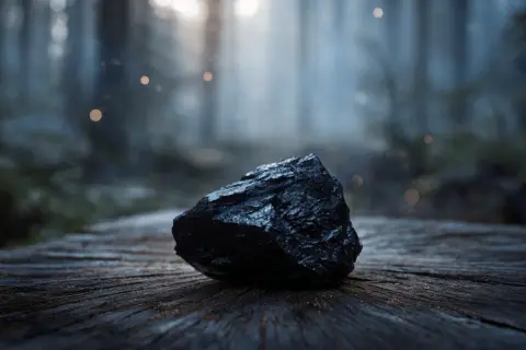 Piedra shungit oscura y brillante sobre madera rústica, con un bosque brumoso y luces bokeh al fondo.