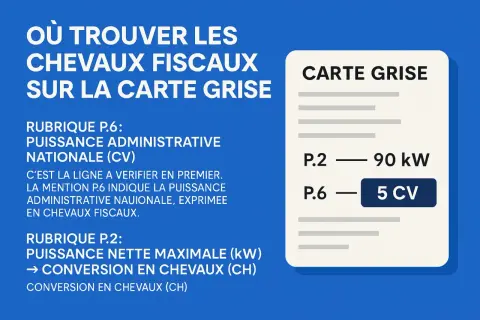 La carte grise indique la puissance administrative (CV) en P.6. Savoir lire ce chiffre est essentiel pour la puissance administrative de votre véhicule.