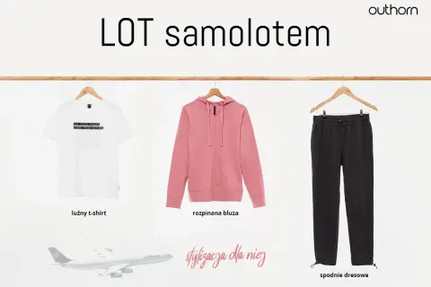 Jak się ubrać do samolotu? Luźny t-shirt, różowa bluza i czarne spodnie dresowe to komfortowa stylizacja na podróż.