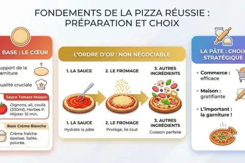 Infographie sur les étapes de préparation d'une pizza réussie, de la base à la garniture, avec une mention spéciale pour la sauce tomate maison.