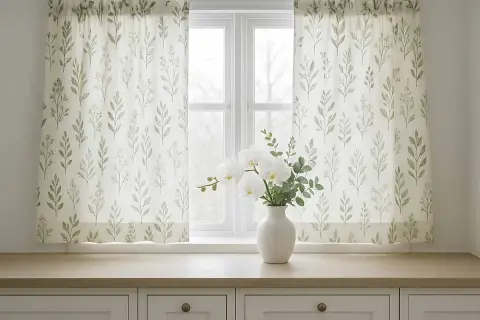 Tende fai da te con delicato motivo botanico, perfette per un tocco naturale. Un vaso di orchidee bianche completa l'arredo.