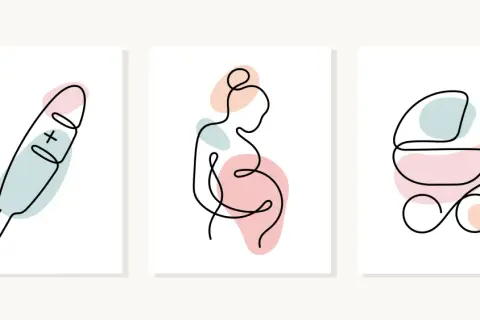 Trzy minimalistyczne grafiki: termometr, ciężarna kobieta i wózek dziecięcy. Opowiadają historię, jak robi się dzieci.
