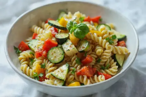 Kolorowa sałatka z makaronem fusilli, cukinią, pomidorami i papryką, udekorowana bazylią.