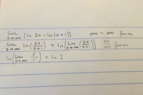 Ręcznie zapisane równania matematyczne dotyczące granic i logarytmu naturalnego.