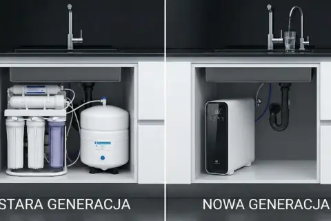 Porównanie rodzajów filtrów do wody: stara generacja z wieloma elementami i nowa, kompaktowa jednostka.