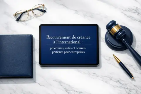 Tablette affichant "Recouvrement de créance à l'international". Un marteau de juge, un stylo, des lunettes et un carnet sont disposés sur un bureau en marbre, suggérant des démarches juridiques pour les dettes dans un autre pays.