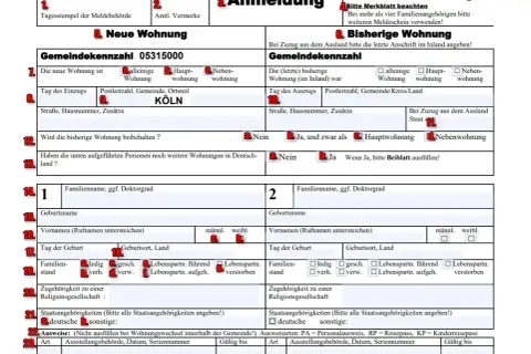 Formular Anmeldung. Sekcja "Neue Wohnung" zawiera dane dotyczące nowego miejsca zamieszkania, w tym adres w Kolonii. Meldunek jest kluczowy.