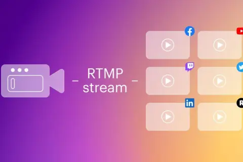 A camera icon signifies an RTMP stream being sent to multiple platforms like Facebook, YouTube, Twitch, Twitter, LinkedIn, and Rumble.