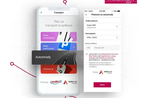 Aplikacja bankowa Millennium umożliwia płatności za autostrady przez Autopay. Możesz dodać dane pojazdu i numer telefonu.