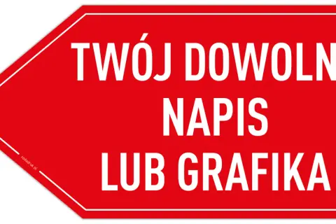 Czerwony baner w kształcie strzałki z białym napisem: "TWÓJ DOWOLNY NAPIS LUB GRAFIKA".