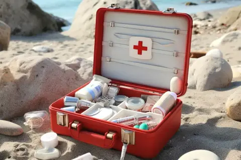 Czerwona apteczka podróżna otwarta na plaży, pełna medykamentów i akcesoriów.