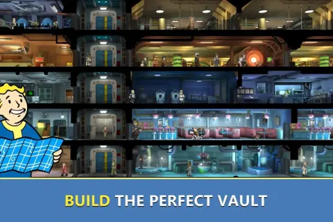 Vault Boy z mapą planuje rozbudowę podziemnego schronu w grze Fallout Shelter Online.