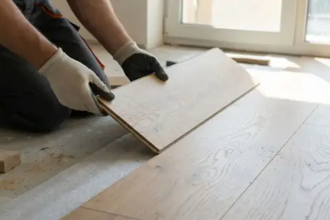 Ręce w rękawiczkach układają drewniany panel. To pierwszy krok, by dowiedzieć się, jak naprawić spuchnięte panele podłogowe.