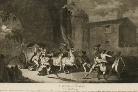 La fuga de Varennes: el rey Luis XVI y su familia son detenidos en su intento de escape nocturno.