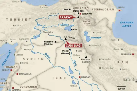 Karta över Mellanöstern med fokus på Mesopotamien. Cudi Daği markerad, där Noaks ark landade noak på.