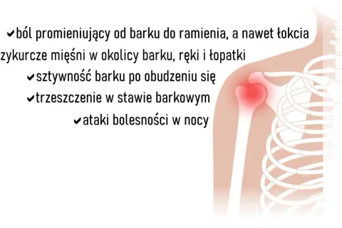 Ból barku, sztywność, trzeszczenie w stawie barkowym. Widoczna głowa kości ramiennej z zaczerwienieniem.