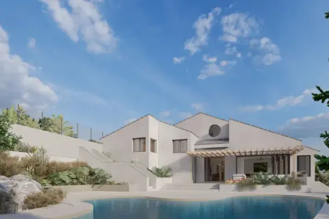 Casa moderna con piscina y jardín, mostrando diversos tipos de revestimientos de fachadas exteriores en tonos neutros.