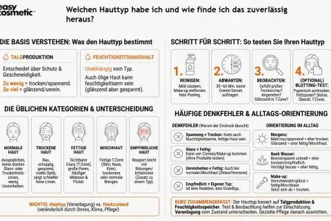Welcher Hauttyp bin ich? Anleitung zur Selbsteinschätzung: Talgproduktion & Feuchtigkeitshaushalt prüfen. Test & Beobachtung helfen.