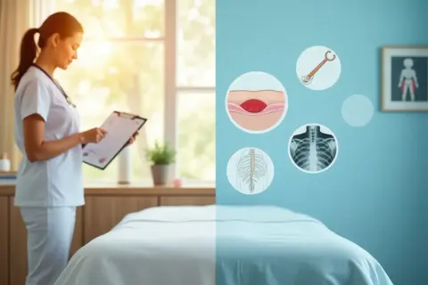 Une professionnelle de santé consulte un dossier près d'une table de massage. Des illustrations montrent des techniques de massage intégral et des éléments anatomiques.