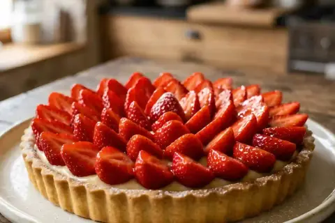 Une magnifique tarte aux fraises, garnie de fruits rouges frais et d'une crème onctueuse, prête à être dégustée.