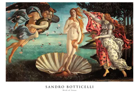 El nacimiento de Venus, obra maestra de Botticelli. Venus emerge de una concha, flanqueada por Céfiro y una ninfa, mientras las flores caen del cielo.