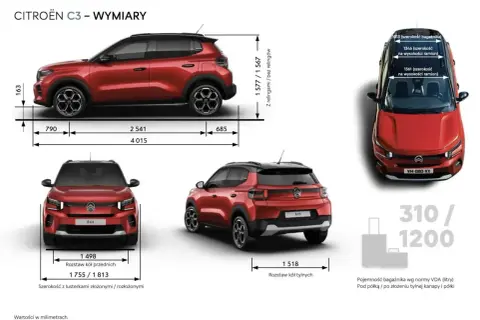 Citroën C3 - wymiary: długość 4015 mm, rozstaw osi 2541 mm, wysokość 1577/1567 mm. Szerokość bagażnika 1013 mm.