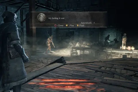 Postać w mrocznym świecie gry, podpowiedź "try luring it out" sugeruje taktykę w tej mrocznej solucji Dark Souls.