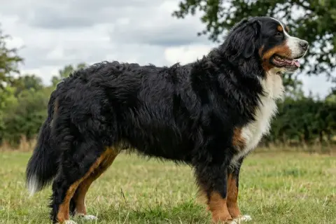 En ståtlig berner sennen står i en grönskande äng. Hundens imponerande berner sennen vikt syns tydligt i dess kraftiga kroppsbyggnad.